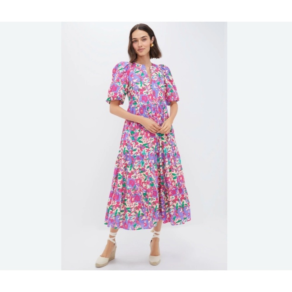 Hyacinth House Floral Tiered Midi Dress L Puff Sleeve Garden Tea Party Cottage